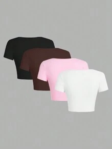 SHEIN EZwear Damska, swobodna, jednokolorowa, kwadratowa, obcisła koszulka z krótkim rękawem i kwadratowym dekoltem