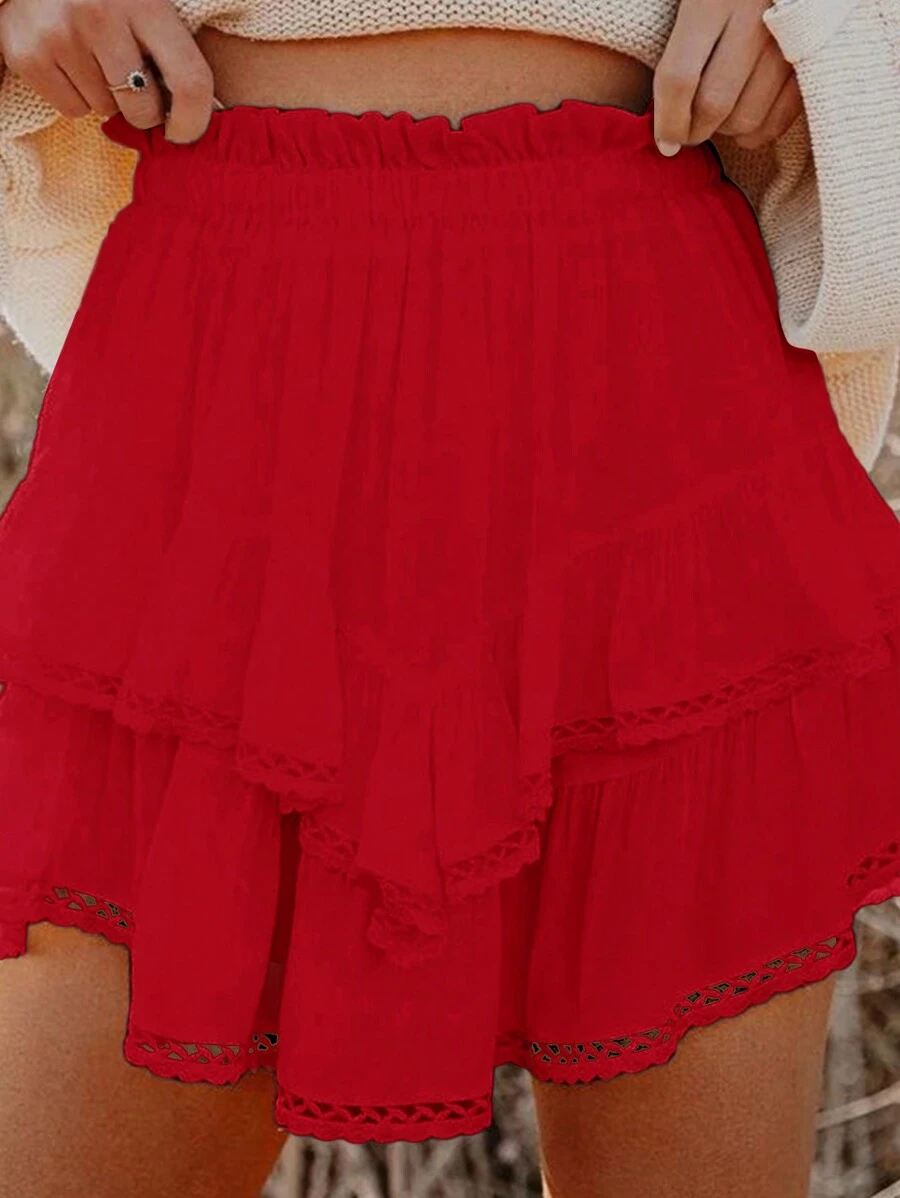 Poéselle Summer High-Waisted Ruffled Hem Red Skirt With Spliced ​​Lace, Suitable For Summer Vacation - Red - View 1