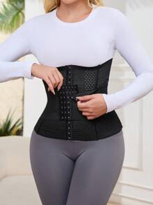 Solid Color Perforated Breathable Double Buckle Waist Cincher - Black - View 6