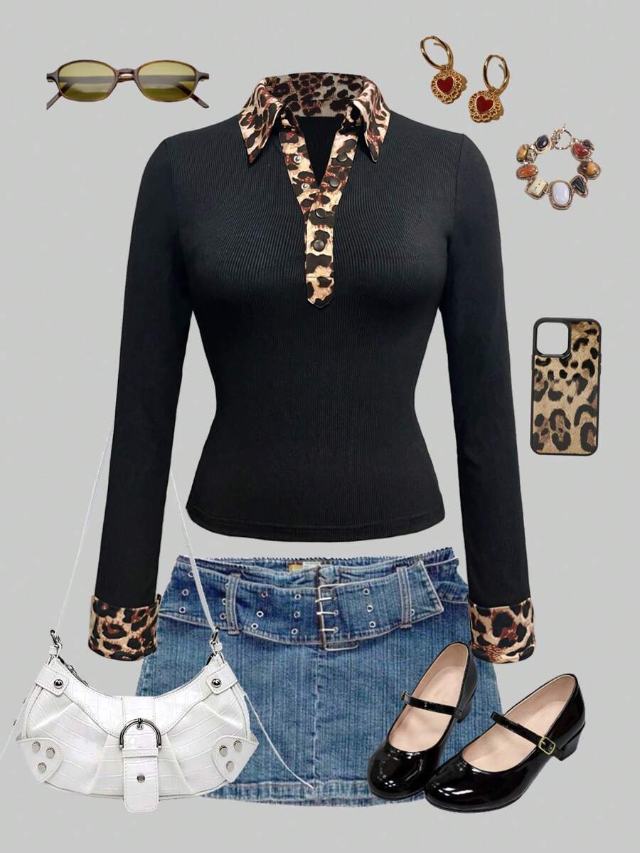 INAWLY Damen T-Shirt mit Leoparden-Muster Design, Teilkrempelung und grafischem Gepardendruck