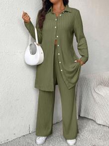 SHEIN Frenchy 2 stuks gebreide plus size dames lente/herfst effen kleur lange mouwen enkelrijs lange top en broek casual set, oud geld, luchthavenoutfit, herfstoutfits