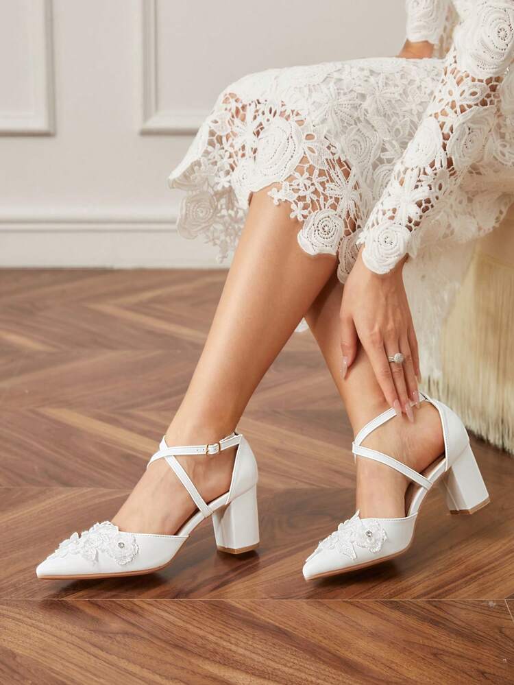 CUCCOO HITCHD Women's White PU Flower Pointed Toe High Heels Shoes, Elegant For Commute, Dating, Wedding, Office, Formal Party Summer Shoes Summer Break Easter Prom Heels For Christmas Elegant Shoes Wedding Shoes Summer Shoes Bride Shoes