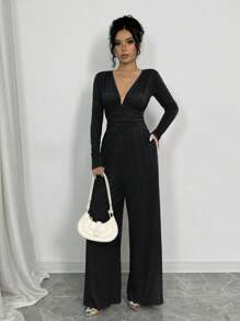 Elenzga Mono negro de moda para mujer, con mangas largas, tela texturizada, acentos plisados, pantalones de pierna ancha, otoño
