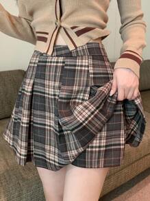 DAZY Falda plisada de línea A de moda casual y sencilla para mujer, a cuadros para uso diario