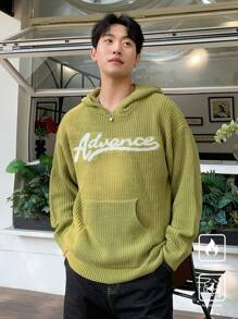 Claim Dot 男士字母印花连帽领休闲长袖毛衣带口袋 - 綠色 - 查看 6