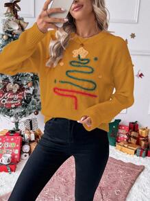 SHEIN Unity Soft Yellow Cute Holiday Oversized Winter Christmas Atmosphere Sparkling Christmas Tree Graphic Round Neck Pullover Sweater,European/American Autumn - Mustard Yellow - View 6
