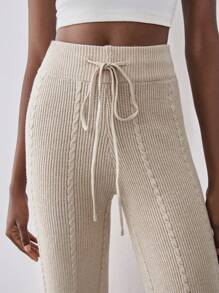 SHEIN Unity High Waisted Slimming Wide Leg Knit Pants With Tie Up, Versatile Elegant Palazzo Pants For Women - Apricot - View 6