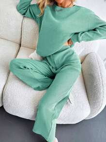 EURMUSE Drop Shoulder Tee & Wide Leg Pants - Lime Green - View 4