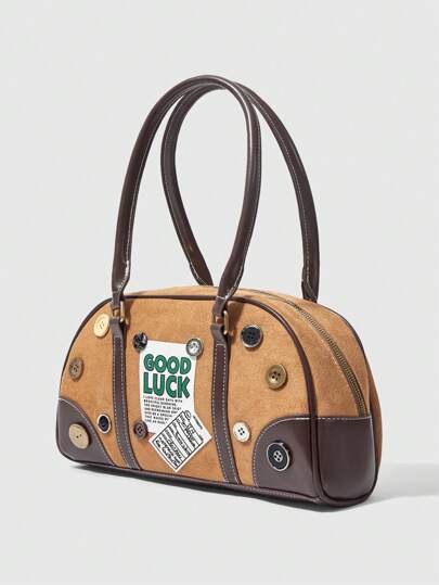 New Handmade Vintage Style Retro Lucky Wood & Metal Button Suede Underarm Bag, Random Button Color