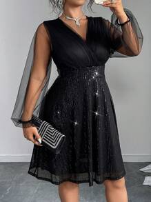 SHEIN Unity Plus Size Mesh Contrast Long Sleeve Casual Short Dress - Black - View 4