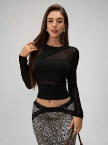 RiviMae Camiseta de manga larga de mujer con cuello redondo, de unicolor, de corte ajustado con panel de malla - Negro - Ver 5