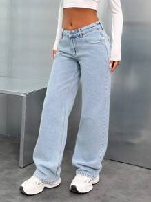 EURMUSE 女士前扣口袋休闲牛仔裤，日常穿着