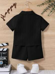 SHEIN 2pcs Baby Boy/Girl Solid Color Polo Collar Cardigan And Shorts Set - Black - View 2