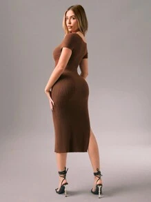Zolique 女士长款斜肩短袖开衩针织连衣裙，秋冬 - 鏽棕色 - 查看 2