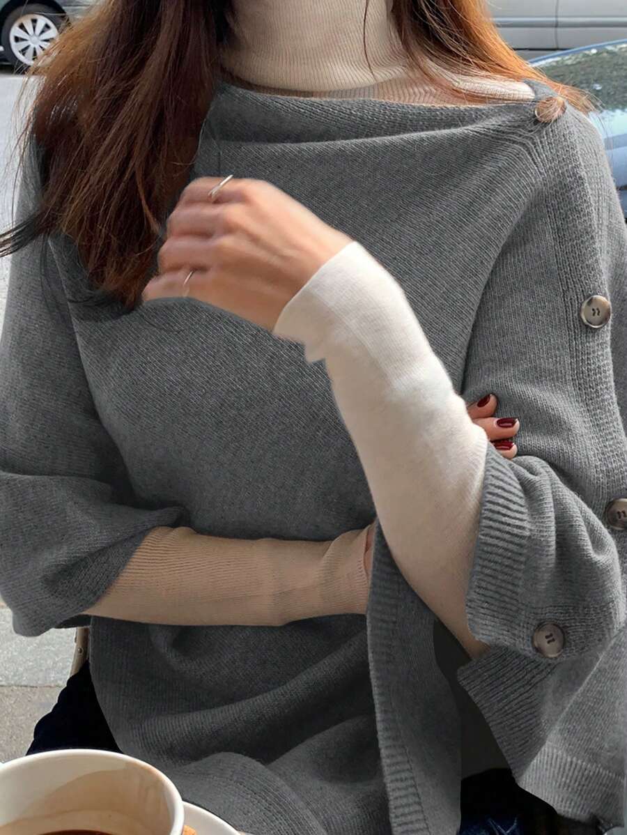 DAZY 女士纯色超大纽扣斗篷风格不对称下摆针织毛衣，秋季服装 - 灰色 - 查看 1