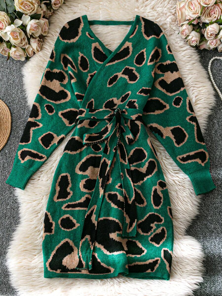 SHEIN Clasi 2024 New Stylish Leopard Print Cross Neck Knitted Sweater Dress For Women - Mint Green - View 1