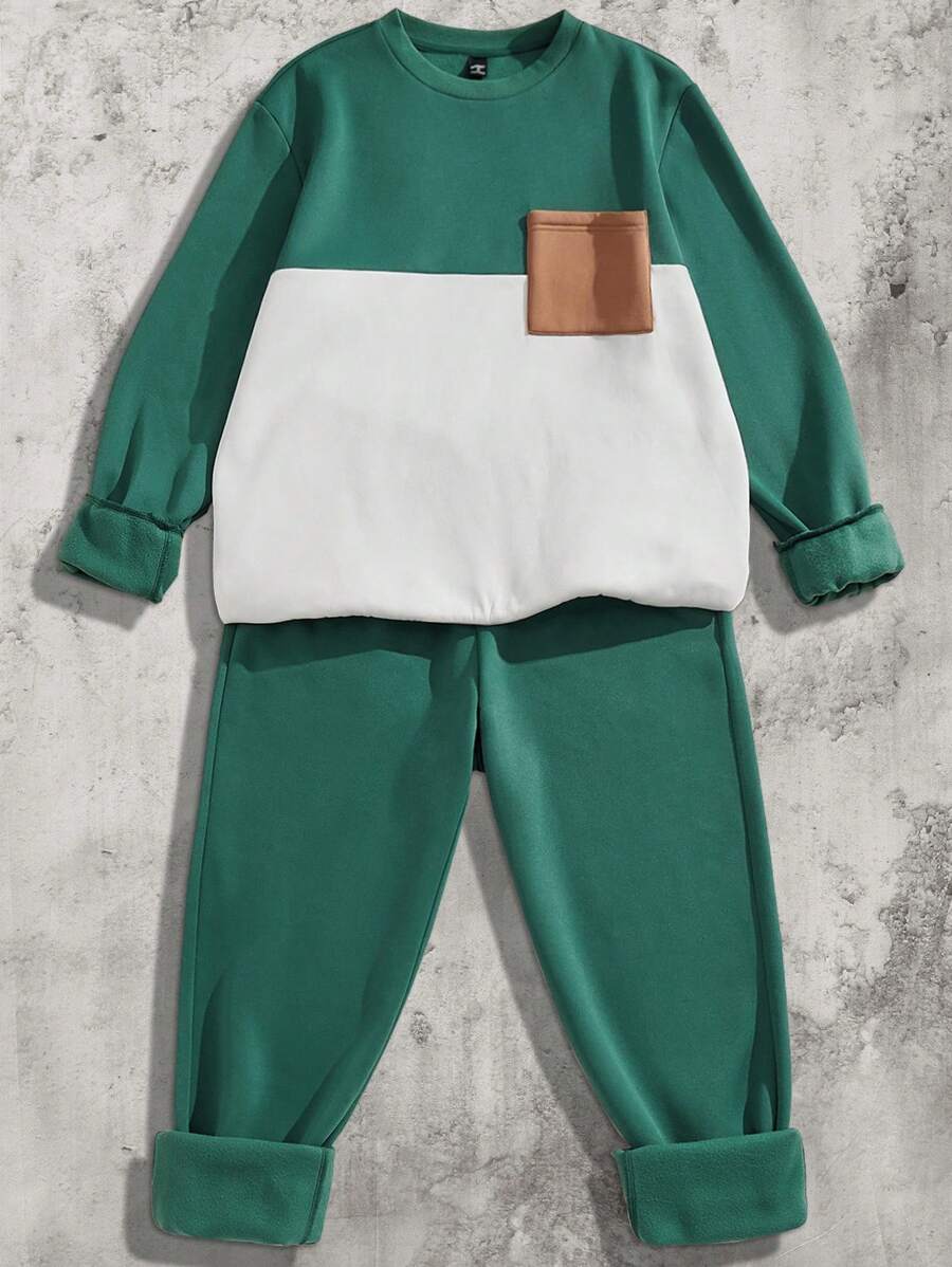 Mainfolk 2 件套男士超大落肩圆领长袖运动衫和裤子套装,适合秋冬 - 彩色 - 查看 1