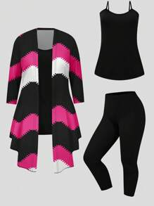 3pcs Retro Wave Print Casual Set : Top, Pants, Jacket - Multicolor - View 1