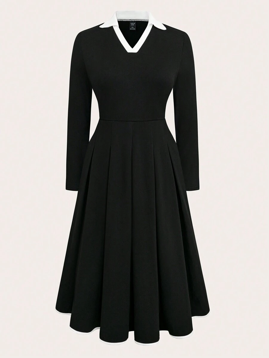 SHEIN Clasi Color Block Splice Long Sleeve V-Neck Casual Dress Maxi Women Outfit - Black - View 1
