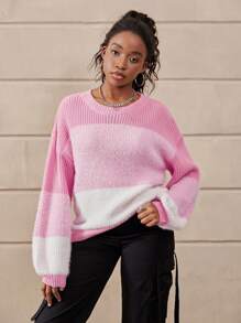 Teen Girl Casual & Minimalist Patchwork Thick Knit Fluffy Sweater, Showcase Fashion & Sophistication