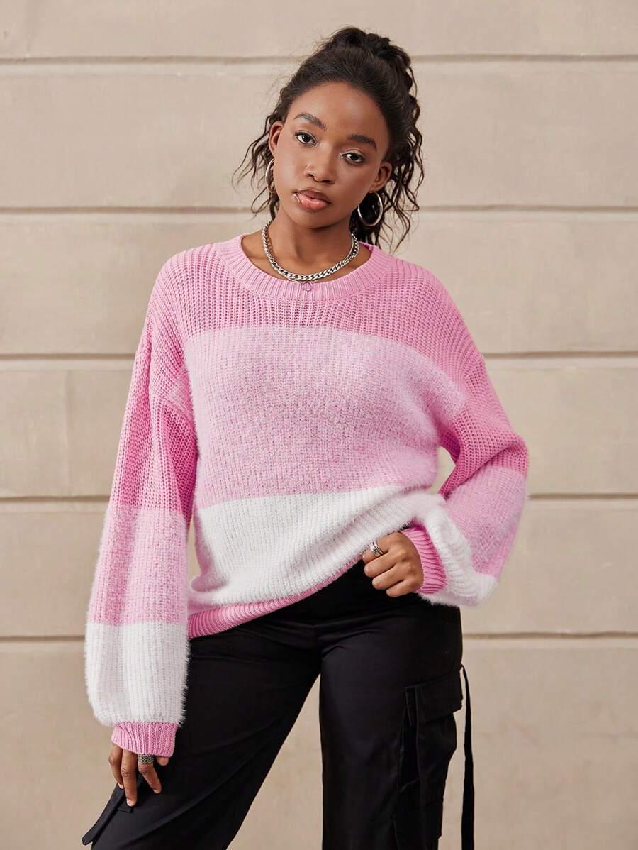 Teen Girl Casual & Minimalist Patchwork Thick Knit Fluffy Sweater, Showcase Fashion & Sophistication