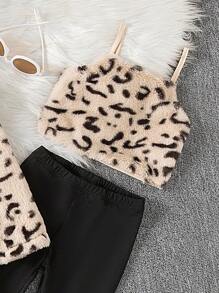 SHEIN 3 件套年轻女孩豹纹毛绒领开衫和围兜裤套装，温暖、舒适、时尚冬季套装 - 彩色 - 查看 3