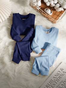 SHEIN Babyjongen 2 stuks nauwsluitende, eenvoudige top met lange mouwen en broek, zachte elastische comfortabele nachtkledingset