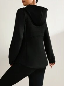 Women's Sporty Casual Warm Padded Coat, Black Zip-Up - Black - View 2