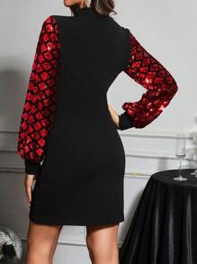 SHEIN Clasi 女士撞色亮片袖派对连衣裙 - 紅色 - 查看 6