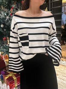 INAWLY Suéter holgado de punto suelto con hombros descubiertos y rayas, talla grande, para otoño e invierno - Blanco y Negro - Ver 3