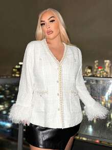 SHEIN SXY Plus Size Women's Winter White Furry Collar Slim Fit Casual Jacket,Suitable For Daily Wear, Dates,Prom, Parties, New Year Gatherings, Banquets,Cocktail, Elegant, Body Modification And Body Curves
