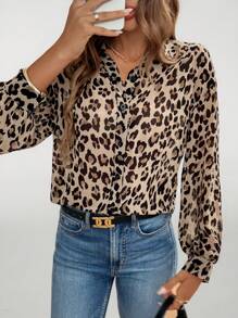 SHEIN Tall Camisa de mujer de lino, camisa de manga larga de unicolor, uniforme escolar francés, uniforme de maestro, estampado de guepardo y leopardo para mujeres en otoño