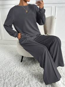 SHEIN Unity 2 件套纯色圆领长袖上衣和长裤，休闲装 - 灰色 - 查看 6