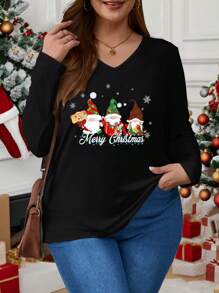 SHEIN CURVE+ 大码女式圣诞元素印花 V 领休闲宽松长袖 T 恤，适合秋冬季