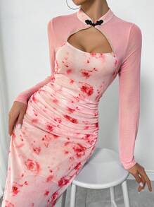 Chiquease 女士优雅花卉印花旗袍长裙，带网眼嵌件，褶皱，高开衩，合身 - 粉色 - 查看 7