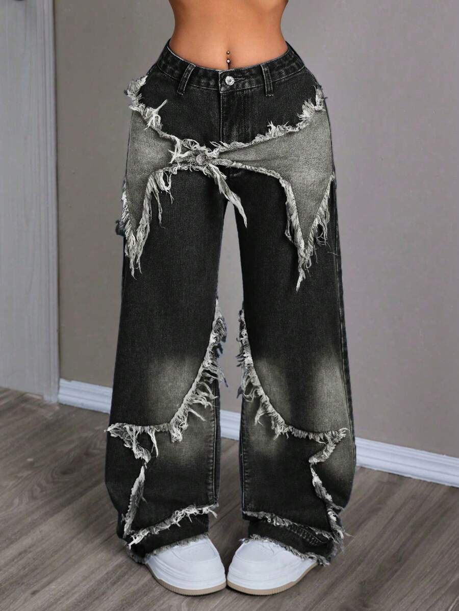 SHEIN EZwear 时尚破洞阔腿牛仔裤，配星星贴花