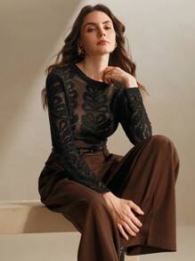 Anewsta 优雅花卉提花薄纱圆领女士黑色毛衣，中国新年服装，女士冬季针织套头毛衣，女士提花衬衫 - 黑色 - 查看 4