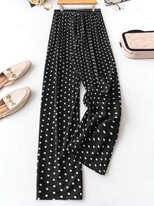 SHEIN LUNE Plus Size Women Polka Dot Print Knotted Waist Loose Straight Leg Pants