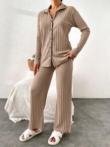 RueChic Shirt Style Buttoned Striped Dark Blue 2-Piece Pajama Set - Camel - View 1