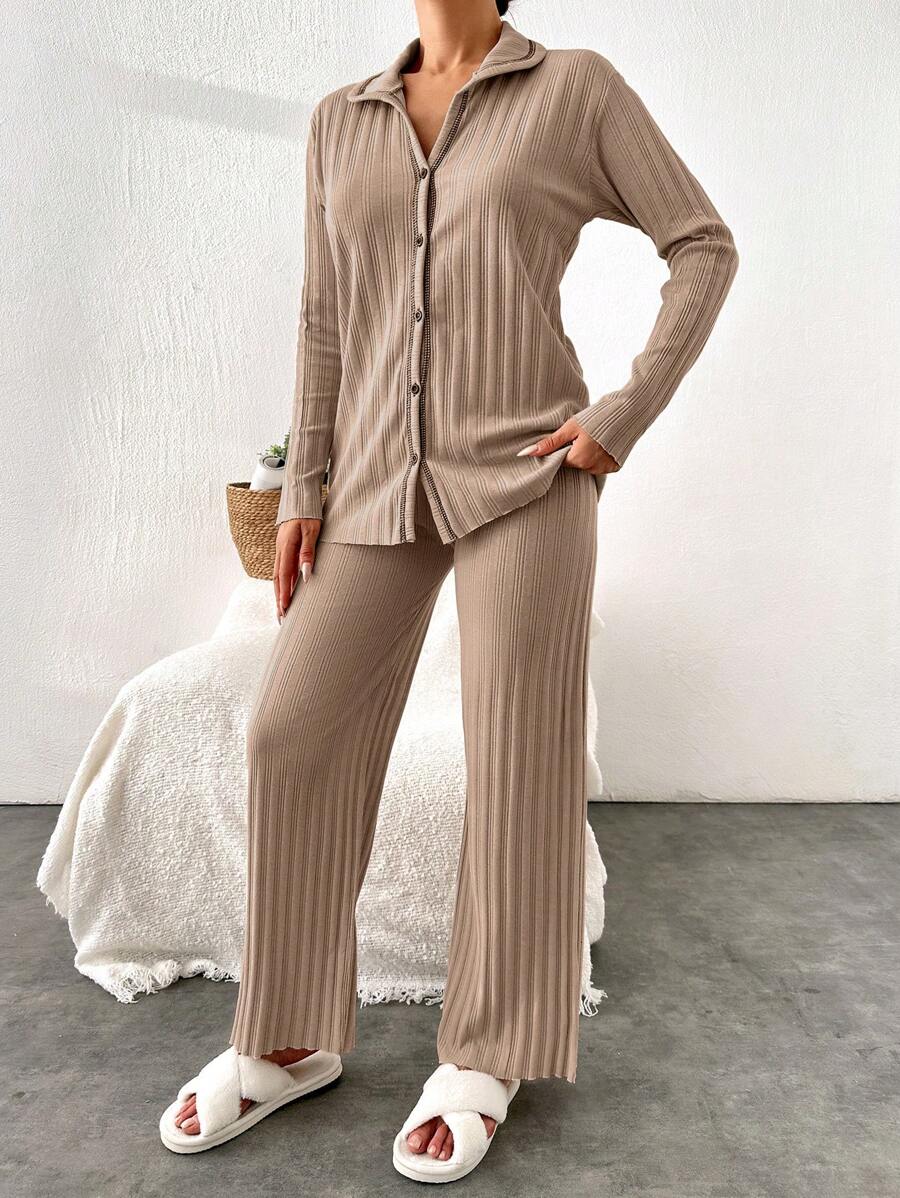 RueChic Shirt Style Buttoned Striped Dark Blue 2-Piece Pajama Set - Camel - View 1