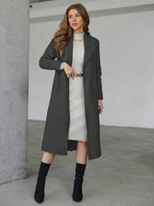 EURMUSE Women's Casual Solid Color Lapel Neck Long Sleeve Long Jacket For Winter - Dark Grey - View 3