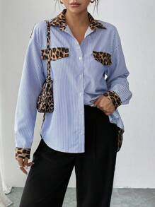 Chiquease Camisa casual con bloques de color de estampado de leopardo y rayas de otoño