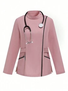 TaskEZ Women Solid Color Patchwork Long Sleeve Stand Collar Minimalist Top And Pants Professional Suit Set Scrub Uniform Set Nurse Scrub Uniform Set - Pink - View 4
