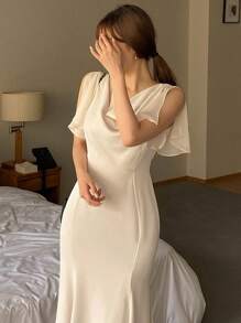 DAZY Vestido elegante de manga corta con cuello de volantes y cola de pez para mujeres