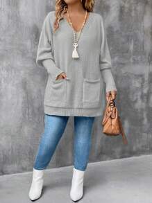 Plus Size Solid V-Neck Long Sleeve Pocket Casual Pullover Sweater, For Winter Knit Pullover Fall - Light Grey - View 3