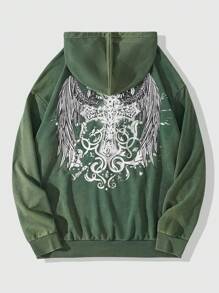 ROMWE MEN Goth Men's Front Zip Up Long Sleeve Printed Casual Hoodie