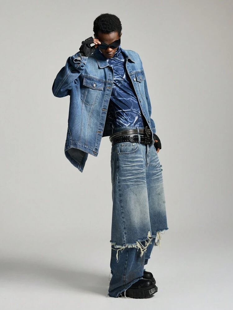 Men's Fashion Patchwork Woven Long Sleeve A-Line Denim Jacket