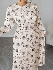 Flirla Plus Size Women Black Rose Print Long Sleeve Dress - Multicolor - View 6
