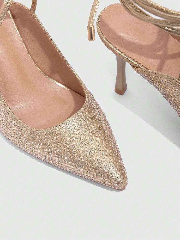 CUCCOO SZL Crystal Rhinestone Ankle Strap Pointed Toe Stiletto Heels, Sexy Rose Gold Party Style Valentine's Day