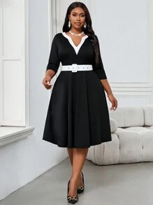 SHEIN Lady  Spring And Summer Autumn And Winter Elegant Work Office Colorful Knitted V Neck Flared Belted Midi Three Quarter Length Sleeve Plus Size Dresses - Black and White - View 7
